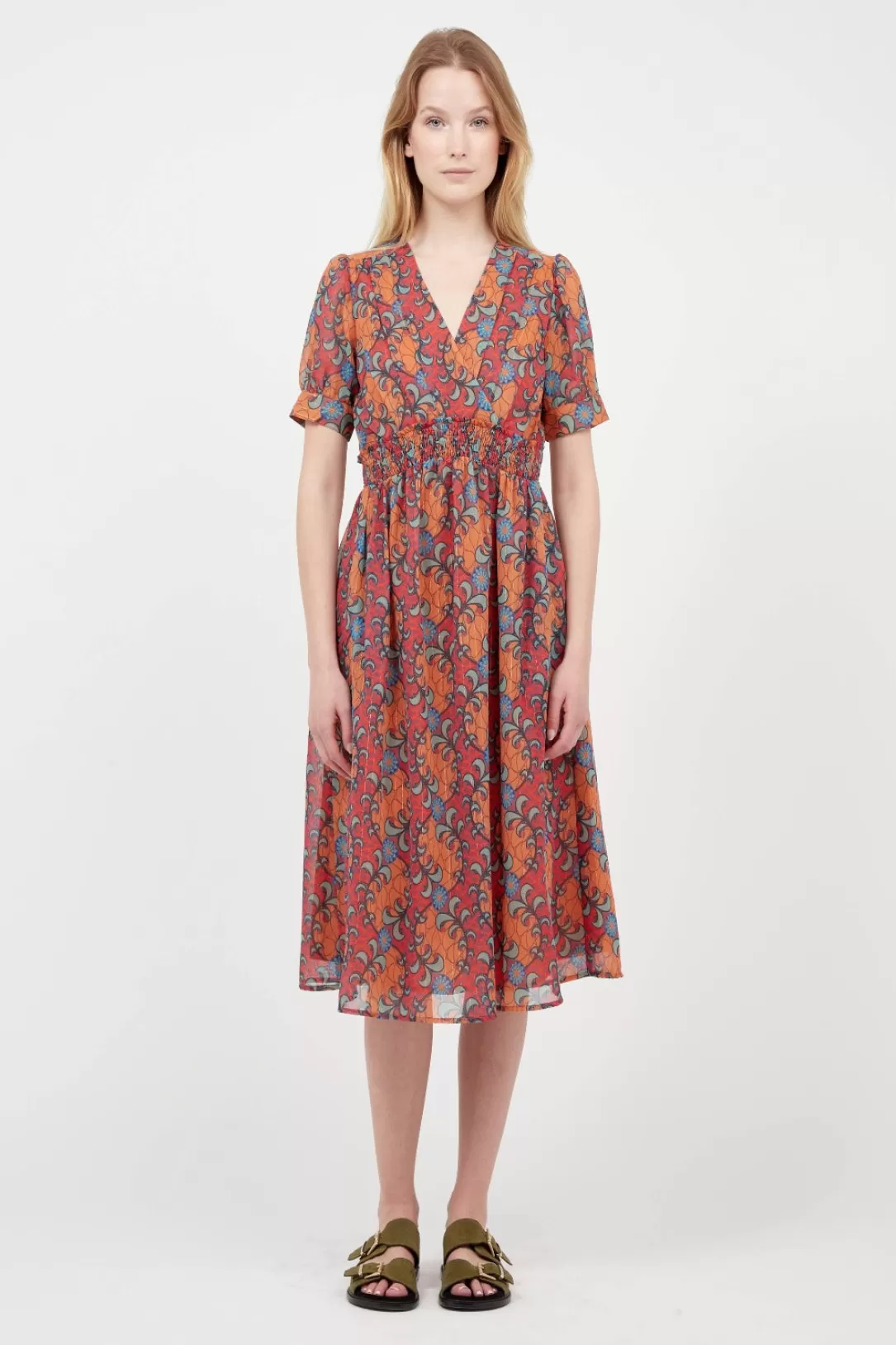 Women The Korner Orange Short Crepe V-Neck Dress With Floral Print |