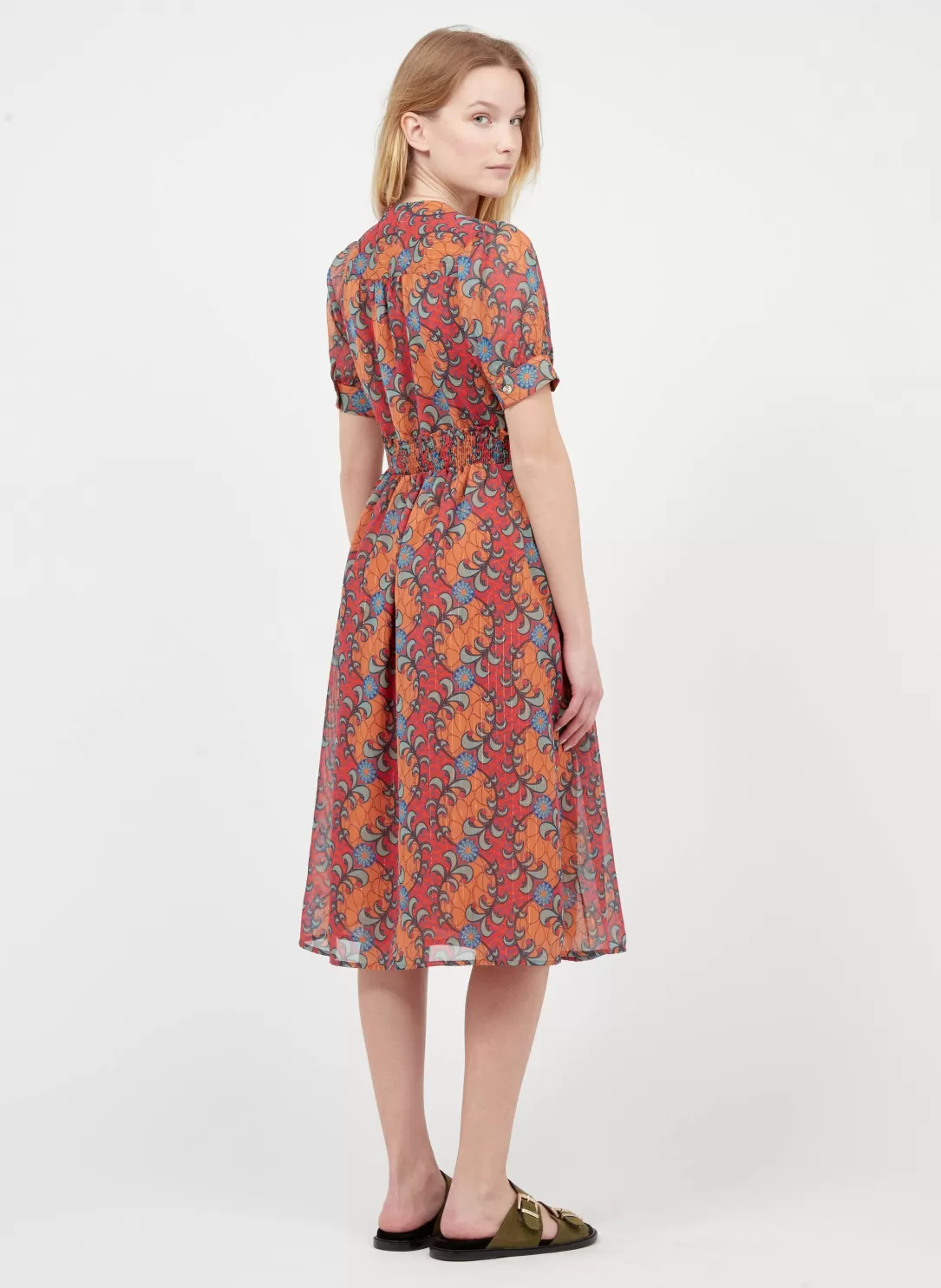 Women The Korner Orange Short Crepe V-Neck Dress With Floral Print |