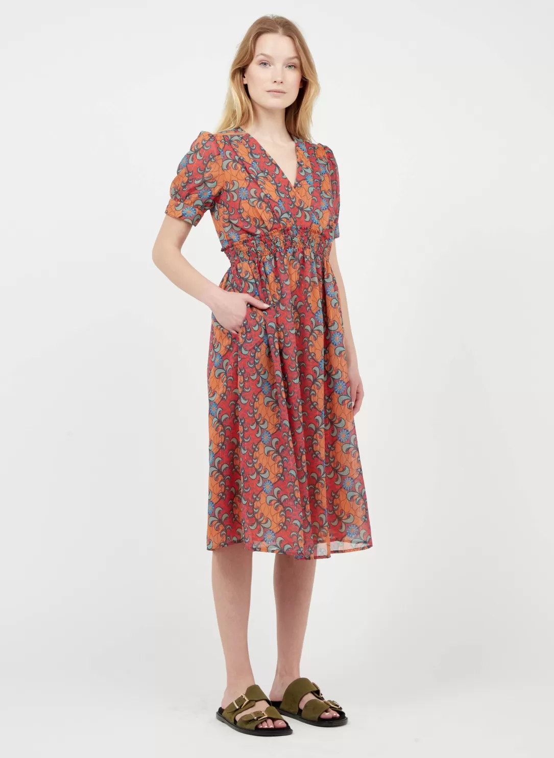 Women The Korner Orange Short Crepe V-Neck Dress With Floral Print |